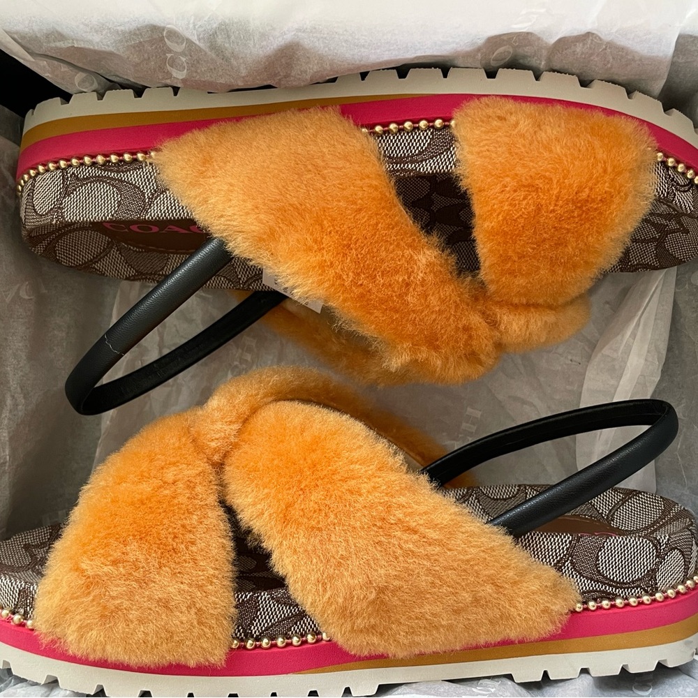 COACH shearling and leather sandal, 6.5